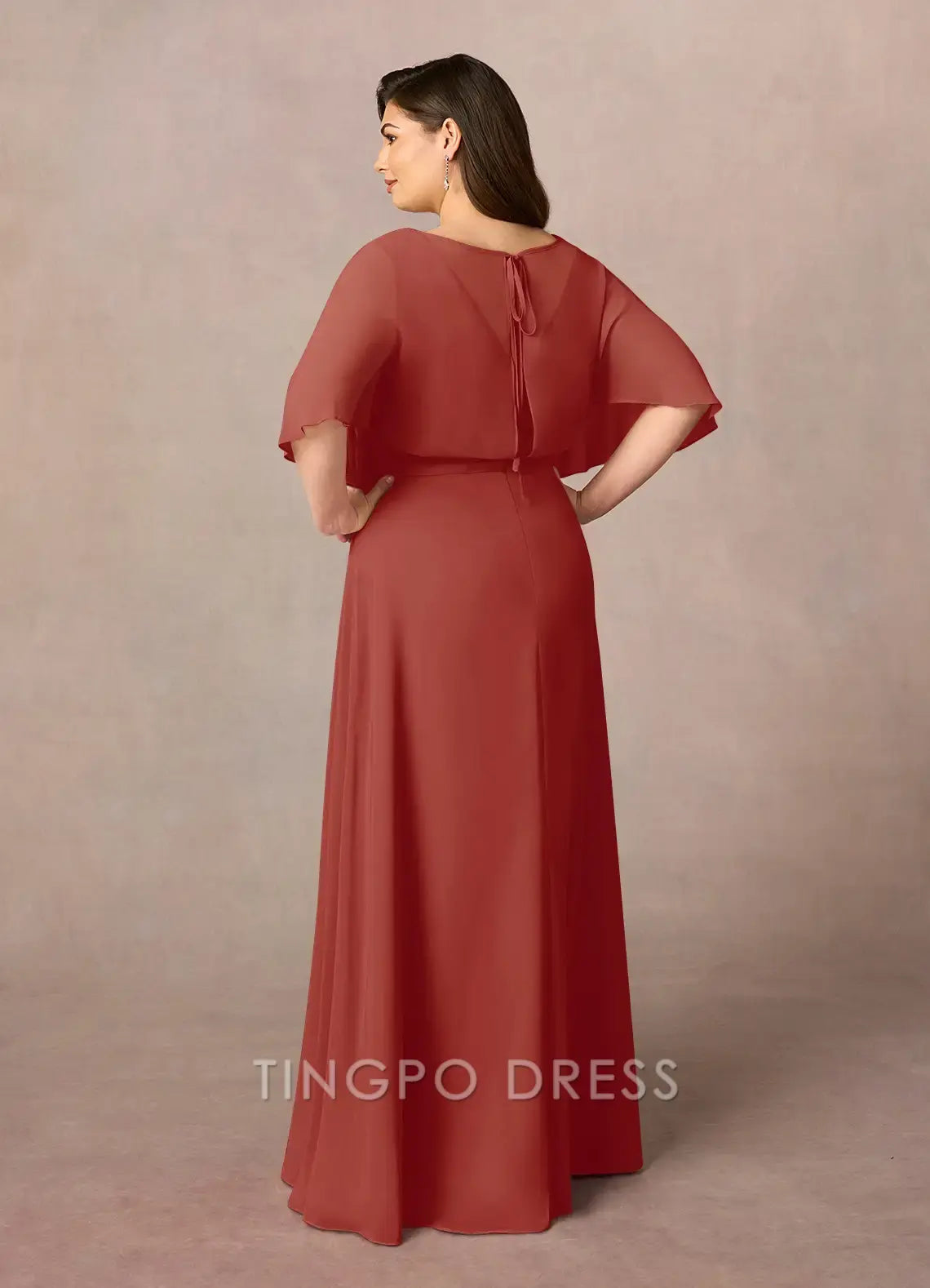TingPo Wholesale Elegant Plus - Size V - Neck Chiffon Evening Gown with Flutter Sleeves and Pleated Bodice: Ideal for Formal Affairs